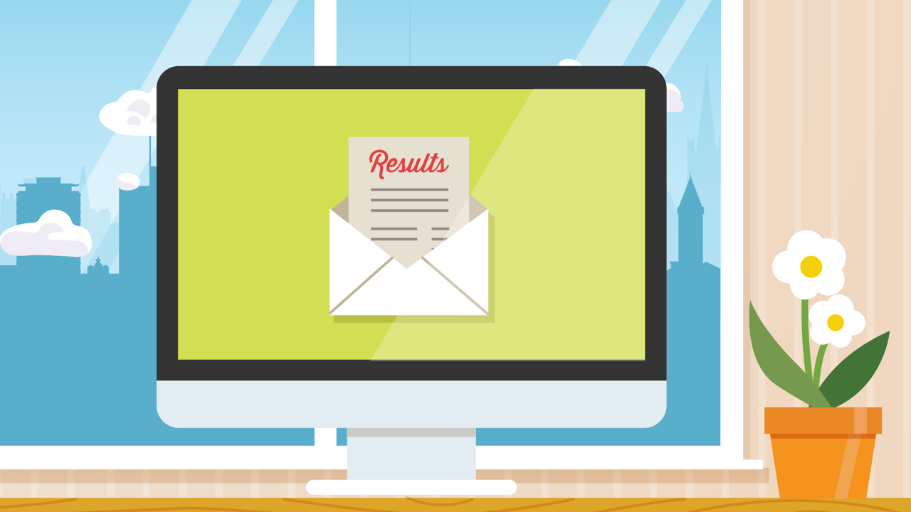 Animated image of an envelope depicting your results on a computer screen