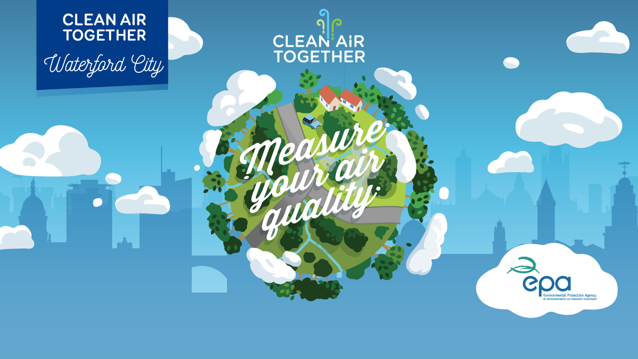 Animated image of a globe with trees and clouds around it and the words Measure Your Air Quality in the middle and the Limerick City Council logo in the top left corner and the EPA logo in the bottom right.