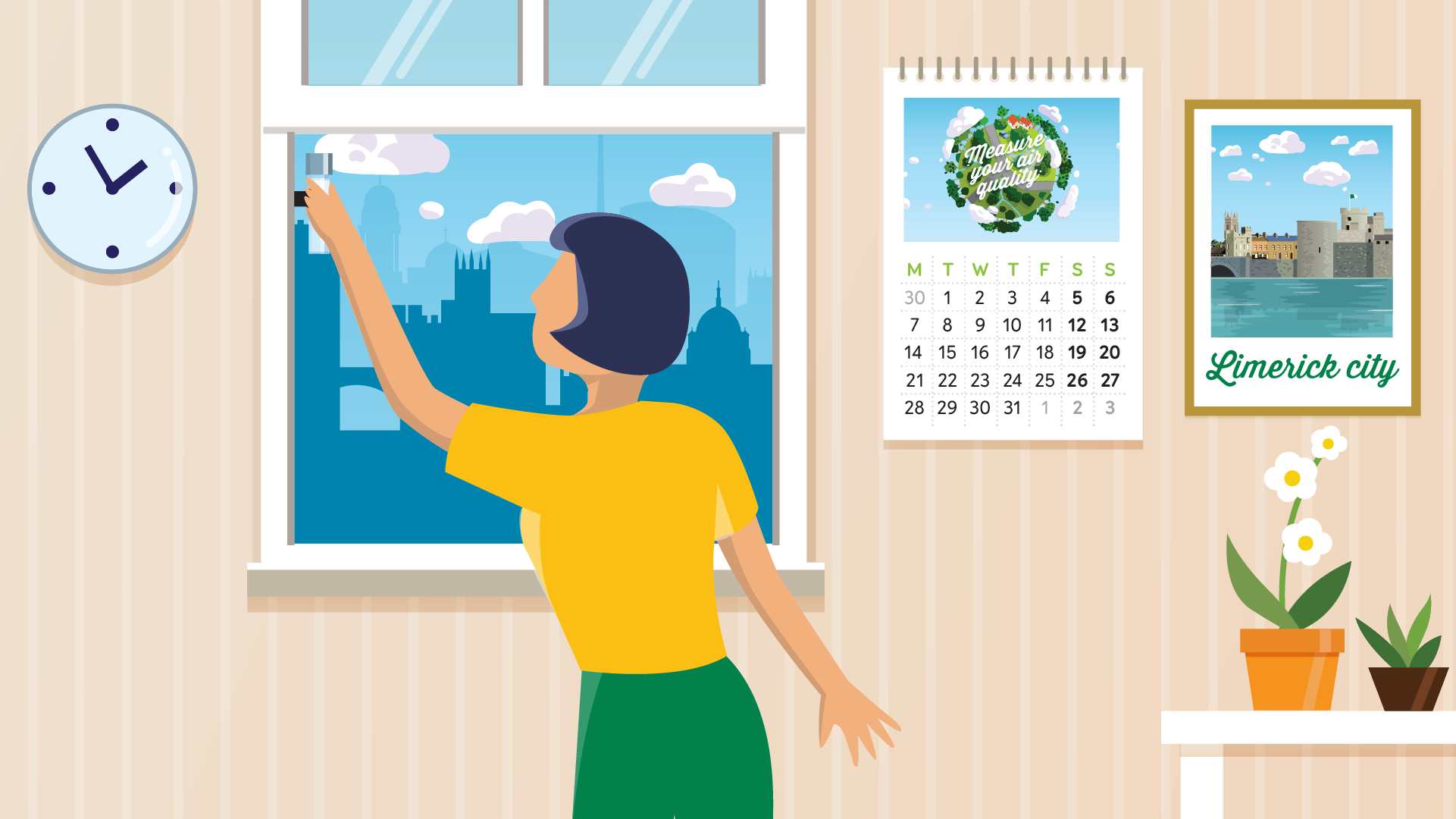 Animated image of a woman sticking the measuring tube to her window with the Limerick skyline in the background