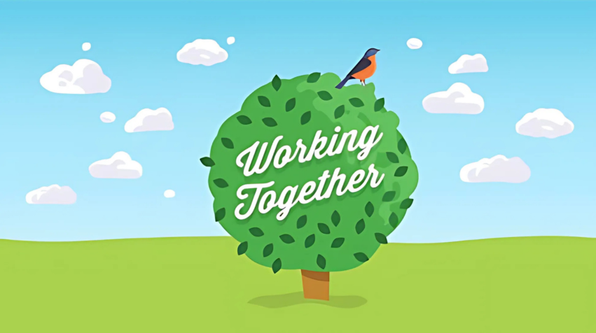 Image of a drawing of a tree and a bird with the words working together written on it